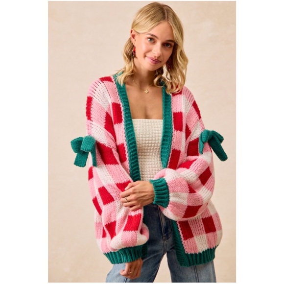 Bibi Buffalo Plaid Bow Detail Open Front Loose Fit Cardigan - Picture 1 of 6